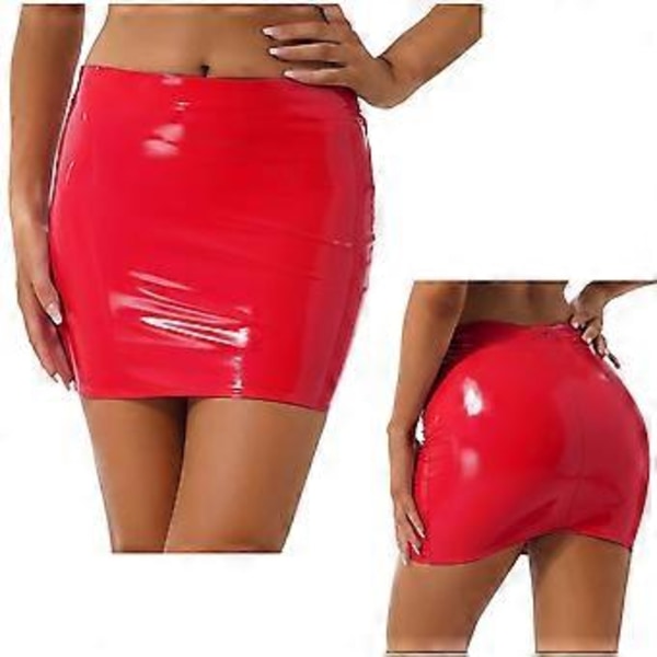 Dame Sexede Nederdele Blank Patent Læder Mininederdel Ensfarvet Elastisk Taljebånd Pencil Nederdel Skinnende Våd Look Latex Nederdel Klubtøj (XL rød)
