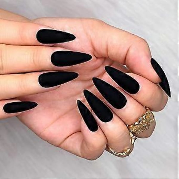 Morily 24 stk. Falske Negle Mat Pure Farve Medium Lange Stiletto Mandel Tryk på Negle Falske Spidser Kunstige Finger Manicure til Kvinder og Piger (Sort).N