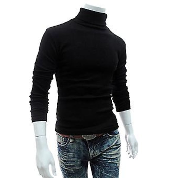 Fianao Långärmad Turtleneck Herrtröja Mjuk Enfärgad Stretchig Stickad Tröja för Höst Vinter (XL Svart)