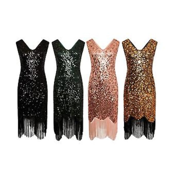 1920-tals Flapper Klänning V-ringad Paljettprydd Pärlbroderad Klänning Ryta 20-talet Gatsby Fransklänning för Fest (XL Rosa)