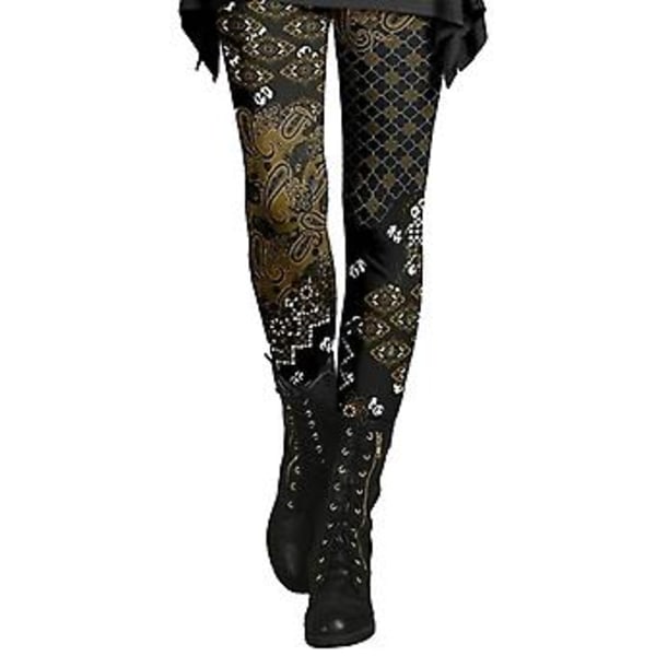 Dam Skinny Byxor Höst Vinter Vintage Etnisk Stil Blommigt Mönster Super Stretch Slim Fit Hög Midja Damernas Långa Leggings Byxor Damkläder (L Svart)
