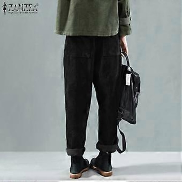 ZANZEA Casual Løse Elastisk Midje Cordfløyelsbukser Vår Høst Harem Bukser (3XL svart)