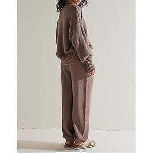 Stickade Loungeset för Kvinnor 2 Delar Långärmad Kofta Tröja Toppar och Mjukisbyxor Set Tvådelade Matchande Outfits Khaki S(S Khaki)