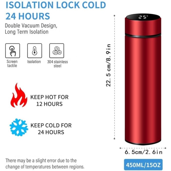 Punainen ruostumattomasta teräksestä valmistettu älykäs vesipullo, jossa on älykäs LCD-kosketusnäyttö, pitää kuumana tai kylmänä, kannettava matkalle