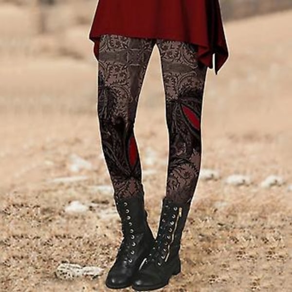 Naisten kapea housut syksy-talvi vintage etninen tyyli kukka painatus super venyvä slim fit korkea vyötärö pitkät leggingsit housut naisten vaatteet (S musta)