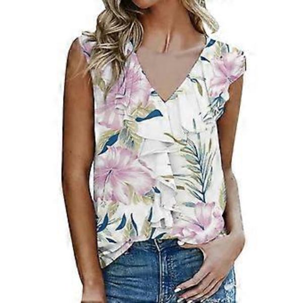 Dame Sommer Ærmeløs Tanktoppe Bluser Løse Casual Blomstrede Flæse-V-Hals Bluser Skjorte Sexet Tunika Toppe Pink S(S Pink)