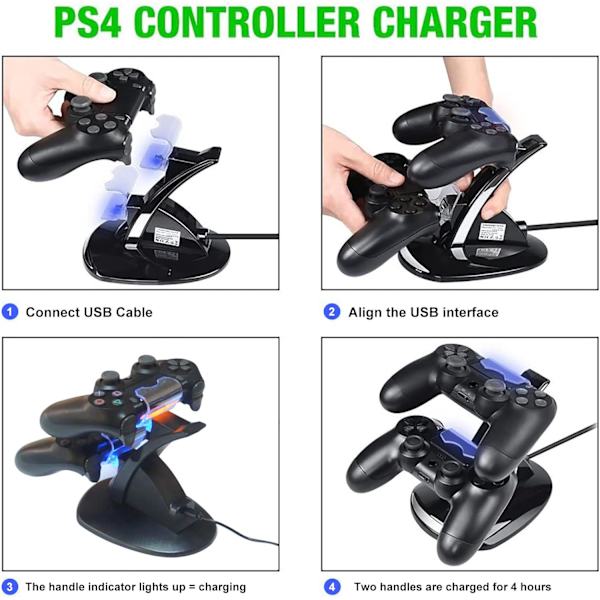 (Svart) PS4 Controller Laddningsstation, Dubbel USB Snabbladdningsstativ med LED-indikator, Kompatibel