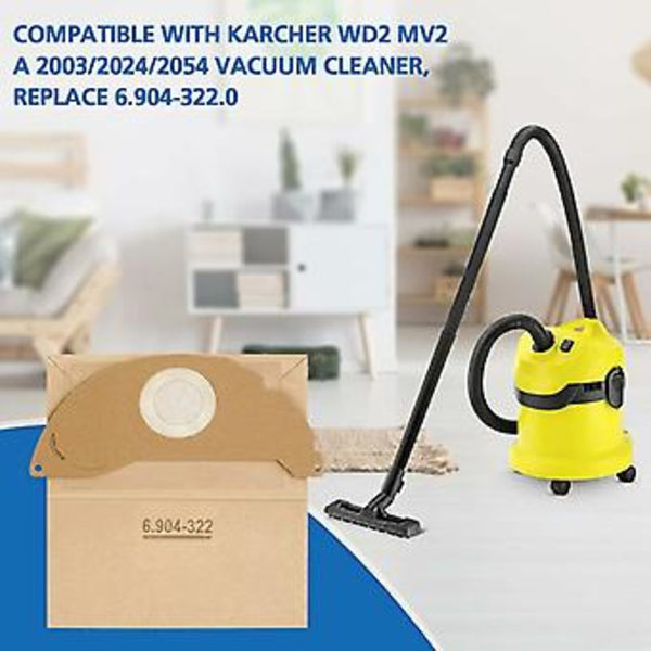 WD2 Pakke med 10 papirfilterposer til Krcher støvsugere WD2 MV2 A 2003/2024/2054 Erstatter WD2 poser 6.904-322.0