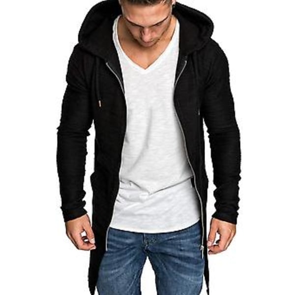 Fianao Herrkappa Solid Färgad Cardigan Slank Lång Vårförkläde för Dagligt Bruk (L Svart)