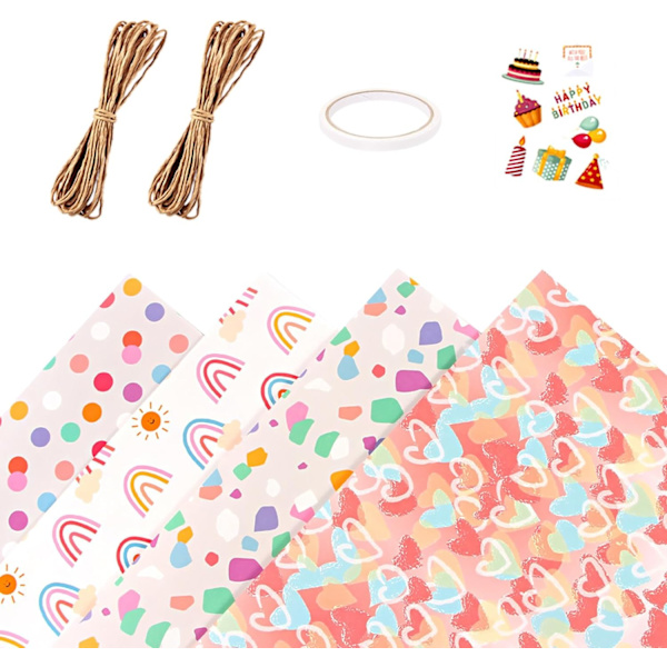 Födelsedagsinpackningspapper, 4 stycken mönstrade kraftpappersrullar, 50 cm