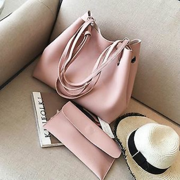 2 i 1 Myk Lærveske Sett for Kvinner Luksuriøs Mote Design Skuldervesker Stor Casual Veske Håndveske (Rosa)