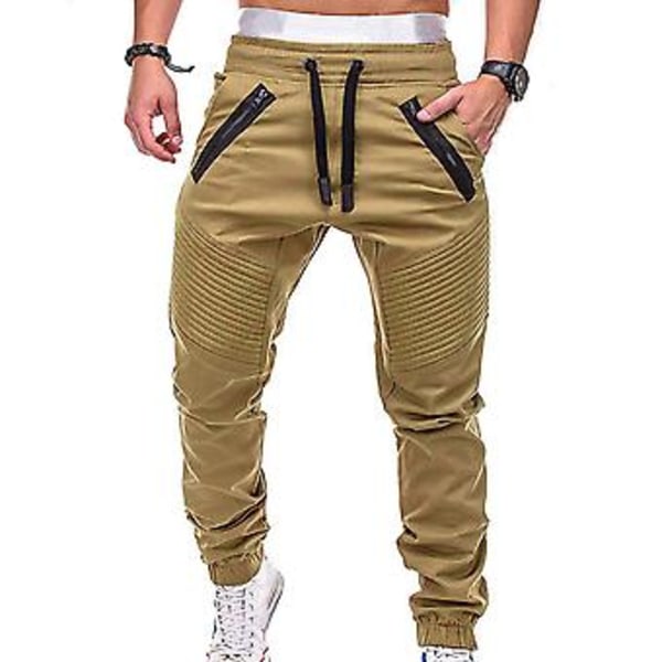 Fianao Byxor med dragsko, justerbar, randiga, med blixtlåsförsedda fickor, sportbyxor för utomhusaktiviteter (XXL Khaki)
