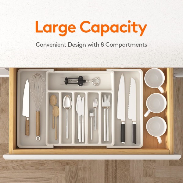 Cutlery Rack-White, Expandable Drawer Utensil Tray, Adjustable Drawer Organizer for Kitchen, Compact