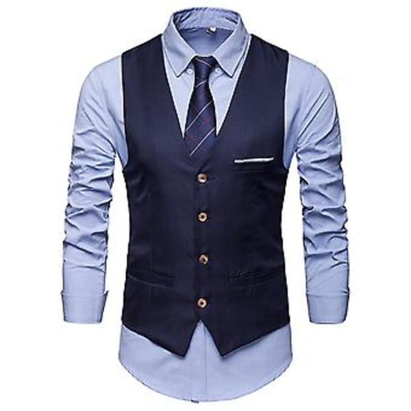 Herrar Solid Formal Knappar Väst Med Fickor Business Office V-hals Ärmlös Blazer Väst (L Marinblå)