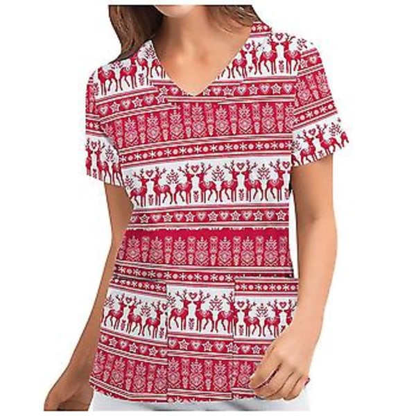 Jule-Sygeplejerske Uniform Scrub Kortærmet T-shirt Jule-Blouse Tee Tops V-Hals (L Vandmelonrød)