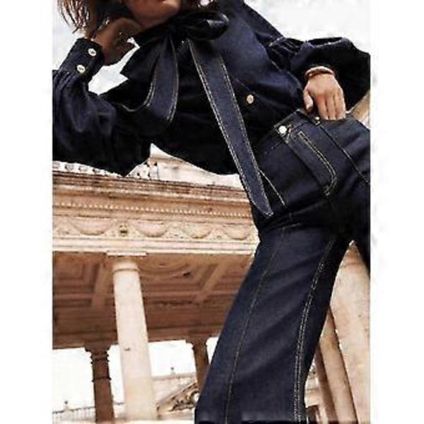 Modeimitation Denim Puffärmar Rosett Blusar Kvinnor Vår Höst Hög Hals (L)