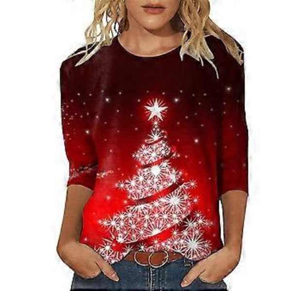 Dame Juletre Julenissen Trykket 3/4 Erme Rund Hals T-skjorte Topper (XL C)