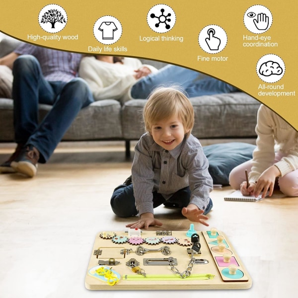 Busy Board Montessori, sensorisk träleksak för barn, lär dig finmotorik och grundläggande färdigheter, barn