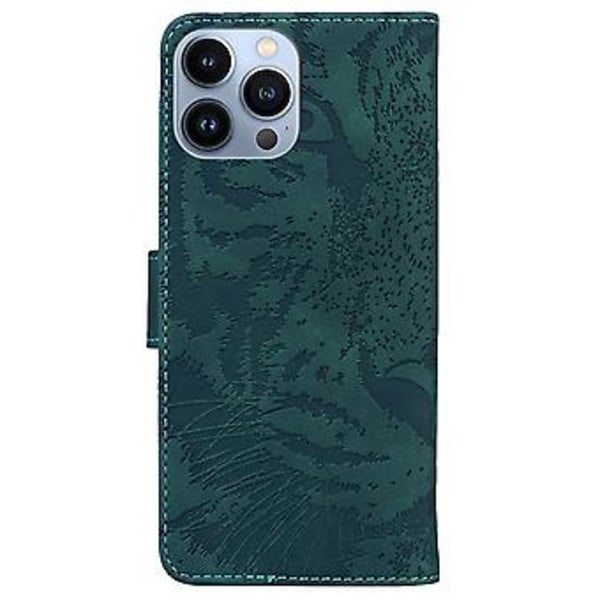Tigerpräglad Läderfodral för iPhone 14 Pro Max (Grön)