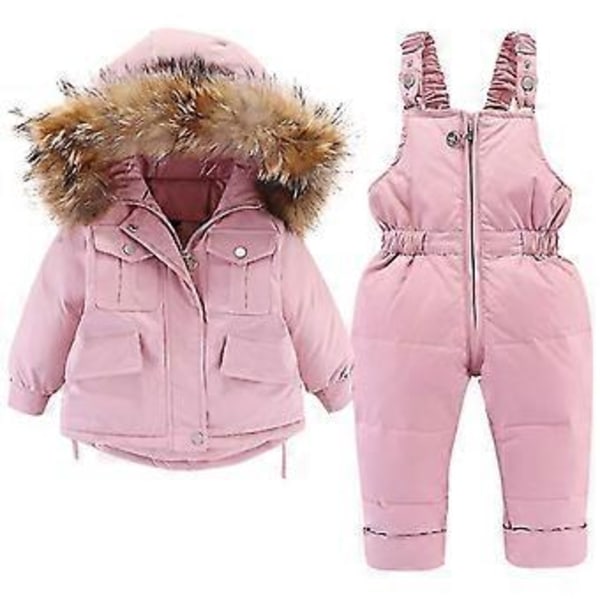 Dunjacka och dunbyxor för baby, vinterjacka med huva för flickor och pojkar, skidoveraller för barn (100cm Rosa)