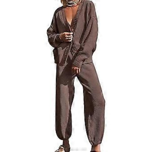 Dame To-Dels Sæt V-Hals Langærmet Cardigan Jakker Toppe og Strikkede Bukser med Brede Ben Loungewear Sweater Sæt brun XL(XL brun)