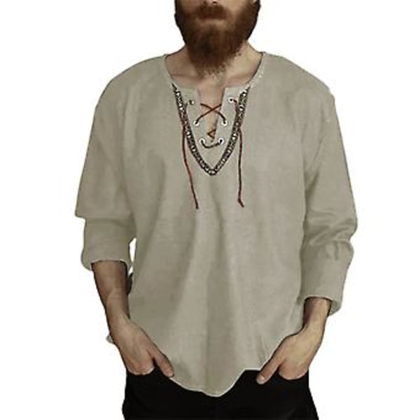 Fianao Menneshorts med helfarge, snøring foran, V-hals, lang erme, løs passform, streetwear (M Brun)