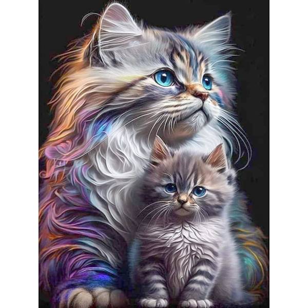 5D Diamantmålningssats komplett katt och kattunge, runda diamanter, D