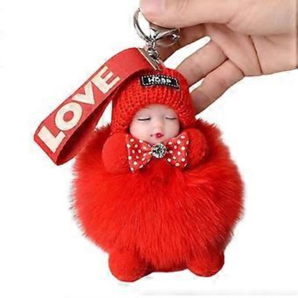 Söt Docknyckelring Sovande Söta Fuzzy Ball Hängande Mode Ryggsäck Hängande Ornament för Barn Tonåringar Vuxna (Röd)