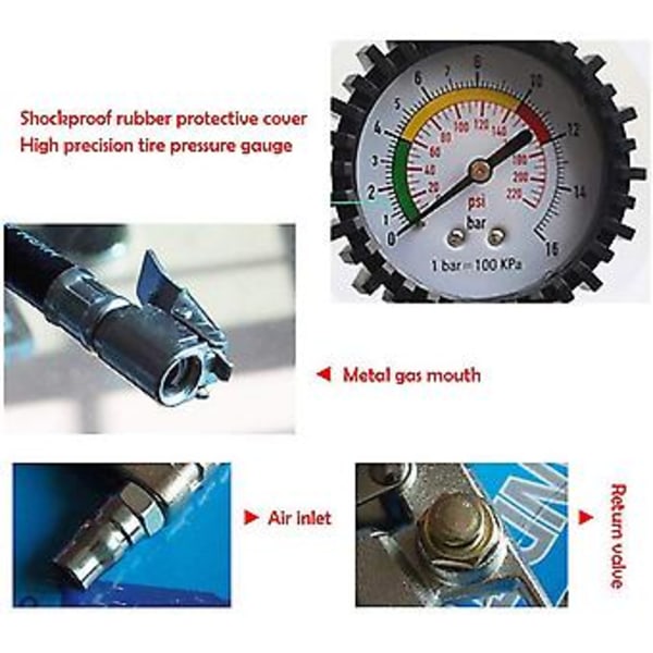 Dæktryksmåler med Manometer 220psi og Dæktryksmåler med Slange Luftchuck Pistolgreb Dæktryksmåler Kompressor Tilbehør