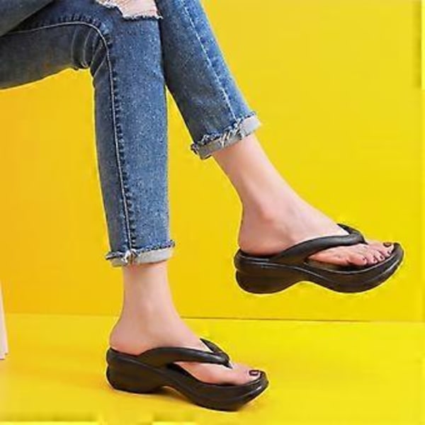 6CM Tykksålede Flip-flops Sommersandaler for Kvinner Myke EVA Strand Sklisikre Sandaler Svart(39 40 )