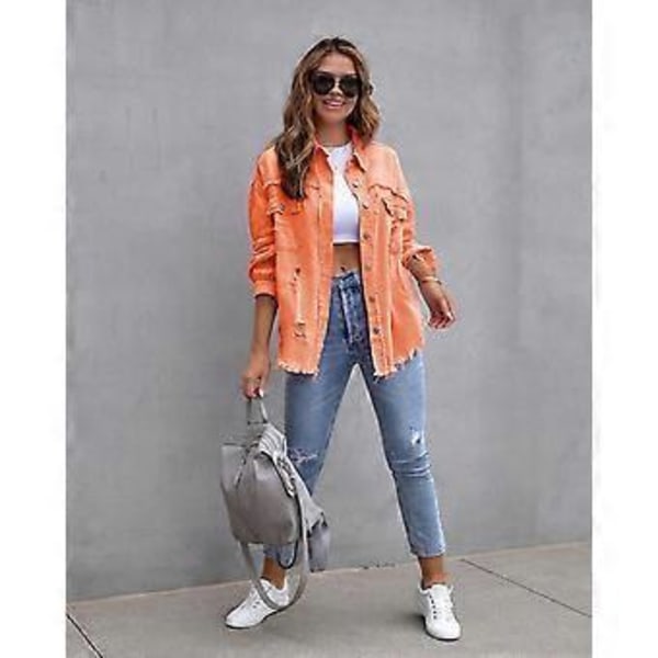 Løs Rippet Denimjakke Slitesterk Vellaget Hudvennlig Blazer For Vår Sommer Høst Daglig Bruk (XL Oransje)