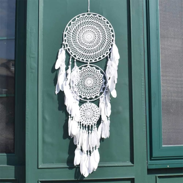 Marron-Grand Attrape Rêves avec 3 Cercles, Plumes Blanches macr
