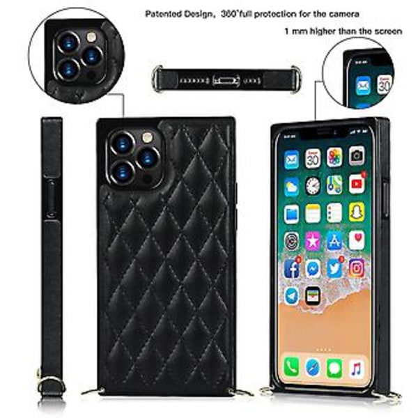 iPhone 14-fodral med kedja i PU-läder Datura Diamond Lattice (Svart)