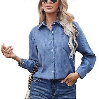 Casual Shacket Boyfriends til Kvinder - Knap Solid Skjorter Oversized Langærmede Skjorter Bluse Efterårstøj Toppe Blå S(S Blå)