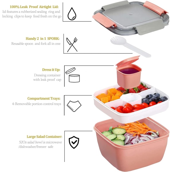 Salladslunchbehållare To Go, Läcksäker Bento Lunchbox med Smar