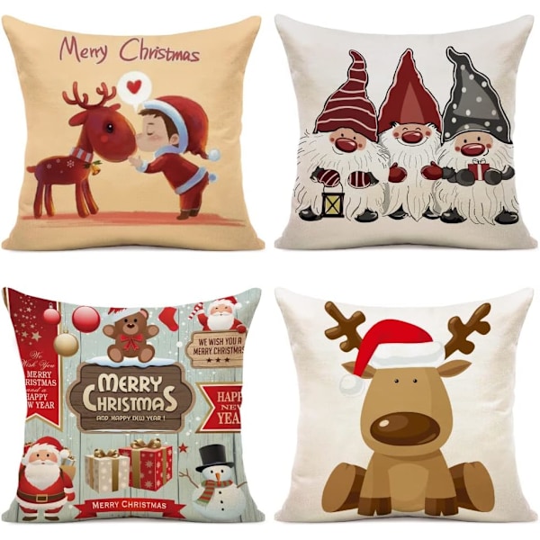 Set med 4 julkuddfodral - Tomte och älg kuddfodral