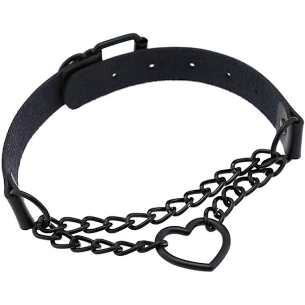PU Mock Leather Svart Gothic Punk Hjärta Ring Kubansk Curb Kedja Justerbar
