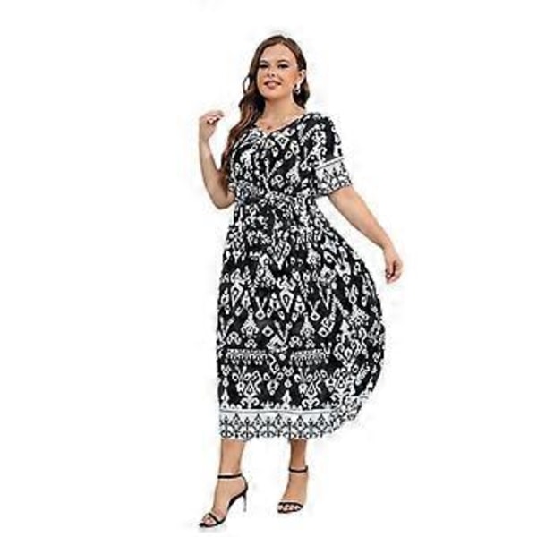 Rayon Klänning i Stora Storlekar Elegant Temperament Elastisk Midja V-ringad Klänning Black 3XL