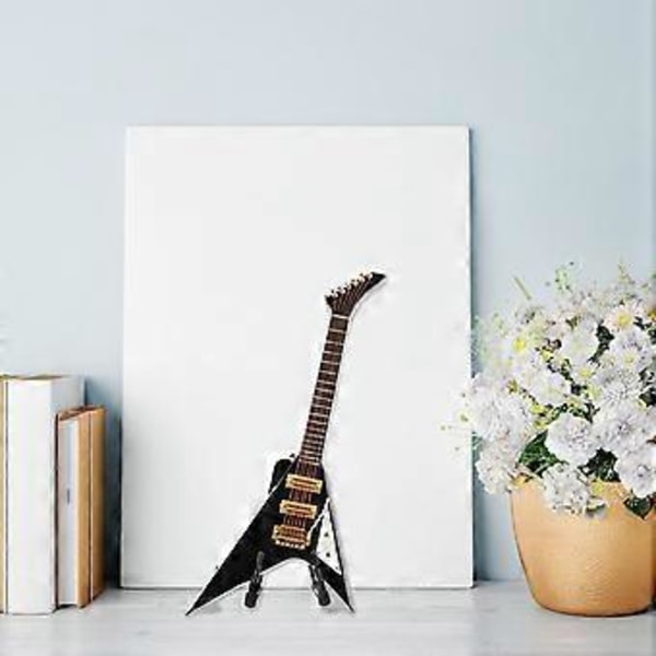 Miniature elektrisk guitar i træ med stativ, sort, mini musikinstrument, dukkehusmodeldekoration 18,5 cm