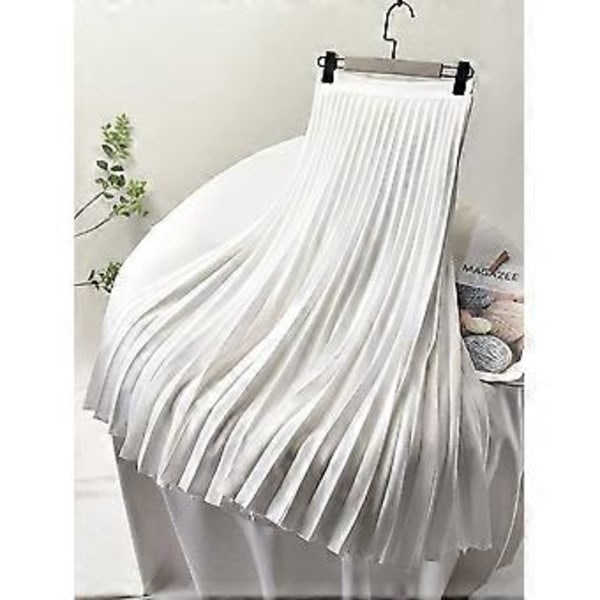 Kvinnor Vår Höst Elegant Chic Solid Plisserad Kjol Hög Midja Lyx Mode Med Elastisk Kvinna C-035(M vit)