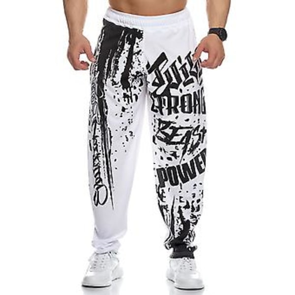 Män Sweatpants Elastisk Midja Tryckt Lös Snabbtorkande Casual Bodybuilding Joggingbyxor för Löpning (3XL Vit)