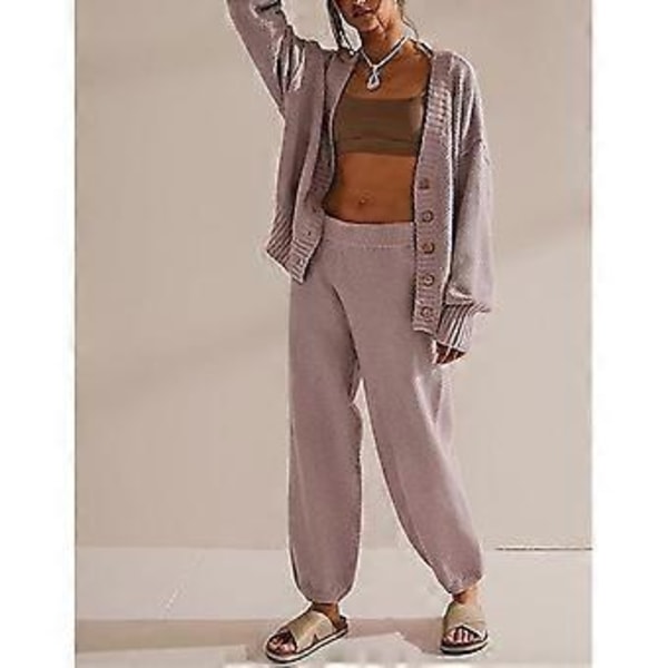 Dam 2-delade Outfits V-ringad Kofta Jackor Vida Ben Mjukisbyxor Träningsdräkt Stickade Loungeset Fritidskläder Khaki L(L Khaki)