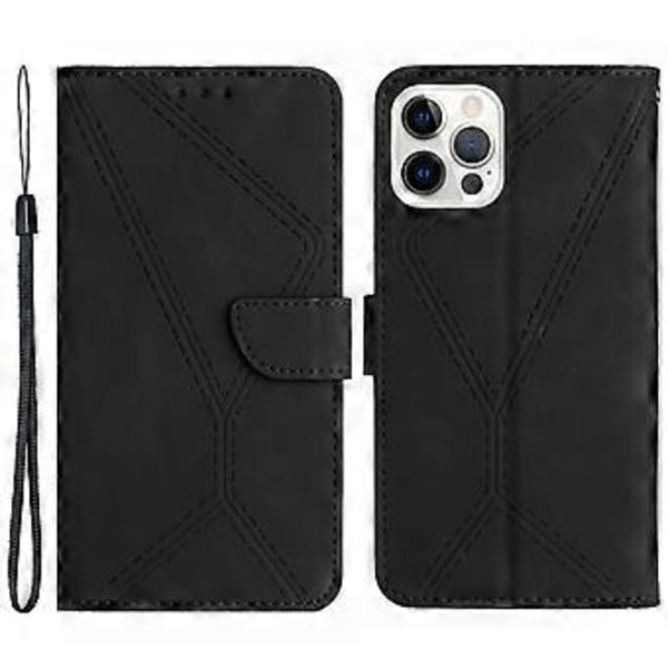 Lærdeksel for iPhone 15 Pro Skin-touch Flip Stativ Lommebok Trykt Linje Telefonveske (Stil A)