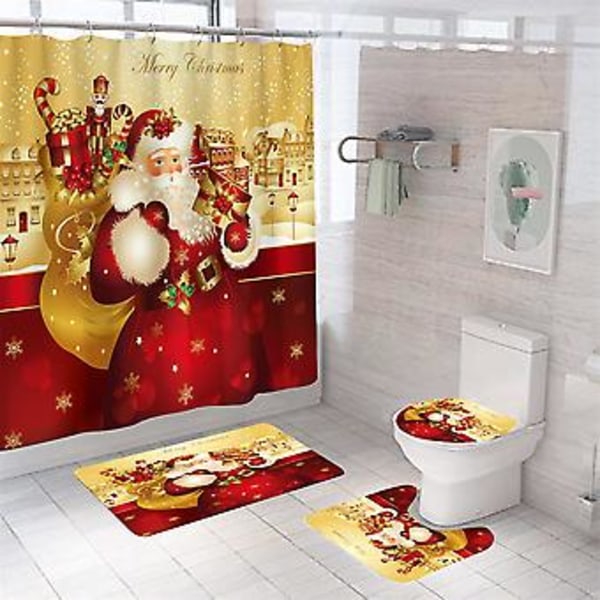 4 stk. Julemand Bruseforhængssæt, Julebruseforhængssæt med tæpper, toiletlåg og bademåtte til badeværelsesindretning Jul