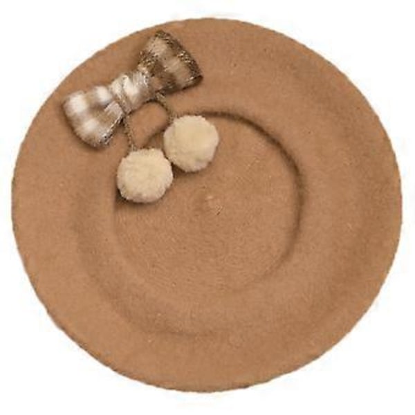 Retro Pompom Vinter Beret Hue Plaid Sløjfe Beret Hat Stor Sløjfe Britisk Vinter Uld Hat Retro Kunstner Maler Huer Camel (Camel)