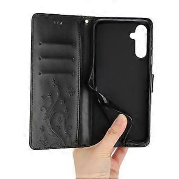 Telefonfodral med plånboksfunktion för Samsung Galaxy M14 5G, präglat med fjärilar, PU-läder, stativ och rem (Stil A)