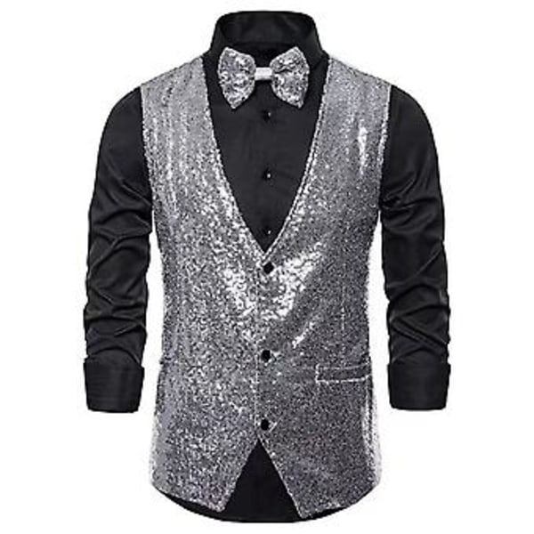 Väst för män, scenframträdande, konferencier, glittrande paljetter, slim fit, V-ringad, ärmlös, enkelknäppt, med rosett (L Silver)