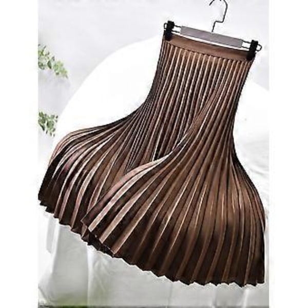 Kvinnor Vår Höst Elegant Chic Solid Plisserad Kjol Hög Midja Lyx Mode Med Elastisk Kvinna C-035(XL auburn)
