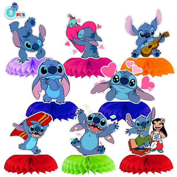 8-delt sett med Stitch-tema festpynt, 3D honningkake