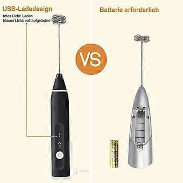 elektrisk melkeskummer med dobbel visp, USB-oppladbar, svart